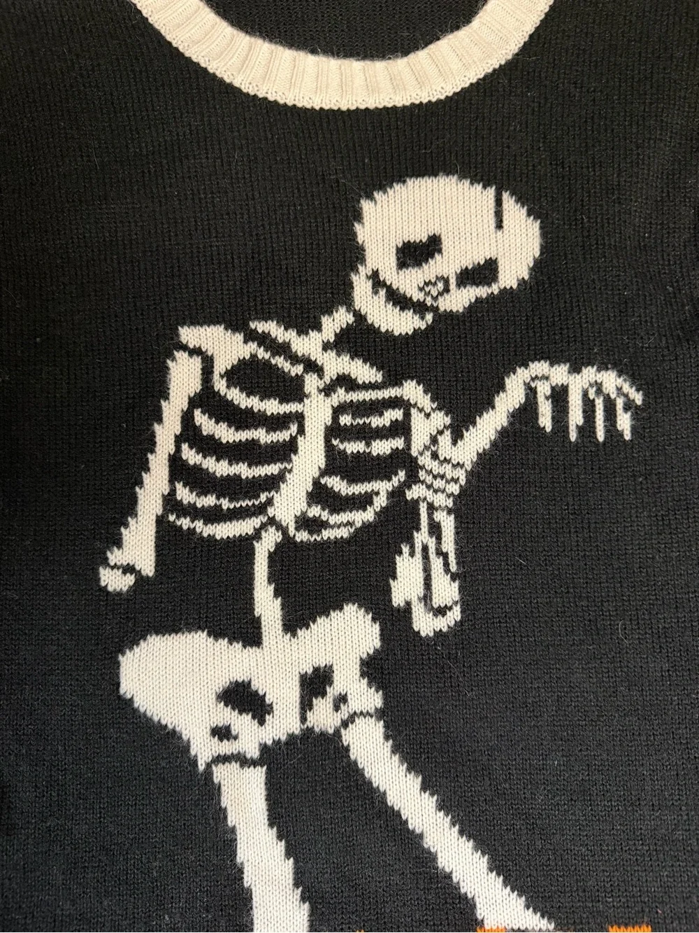 Black & White Skeletal Graphic Crewneck Sweater with Orange Accent